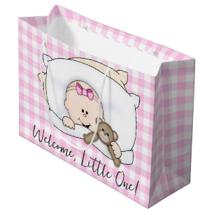Neugeborenes Mädchen mit Teddybär auf Gingham Große Geschenktüte