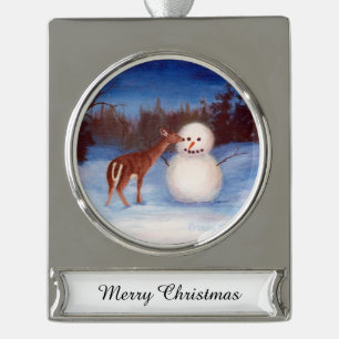 Neugier-Rotwild und Schneemann Banner-Ornament Silber