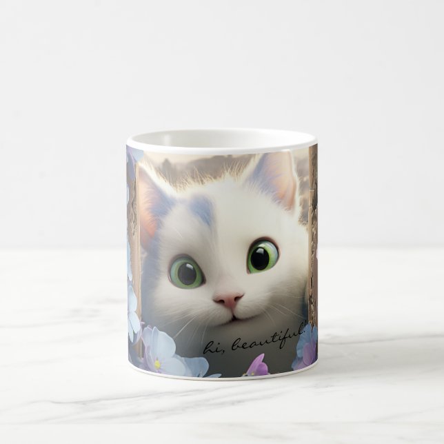 Neugierige Blume für die weiße Katze - benutzerdef Kaffeetasse (Mittel)