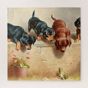 Neugierige Dachshund-Welpen und ein Frosch, Malere Puzzle