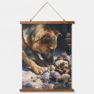 Neugierige Deutsche Schäferhund-Strand-Schalen-Kun Wandteppich Mit Holzrahmen