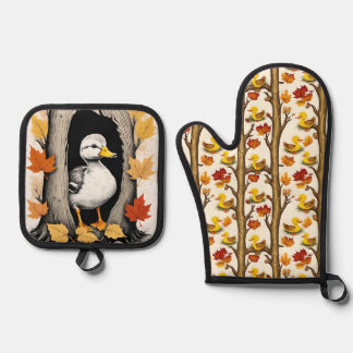Neugierige Ducklings und Herbstleppmuster Ofenhandschuh & Topflappen-Set