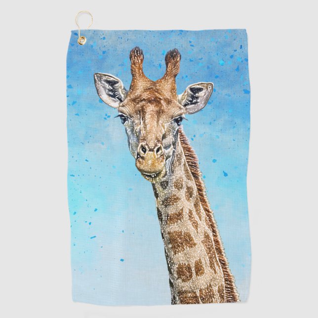 Neugierige Giraffe mit Blue Confetti Sky Golfhandtuch (Vorderseite)