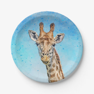 Neugierige Giraffe mit Blue Confetti Sky Pappteller