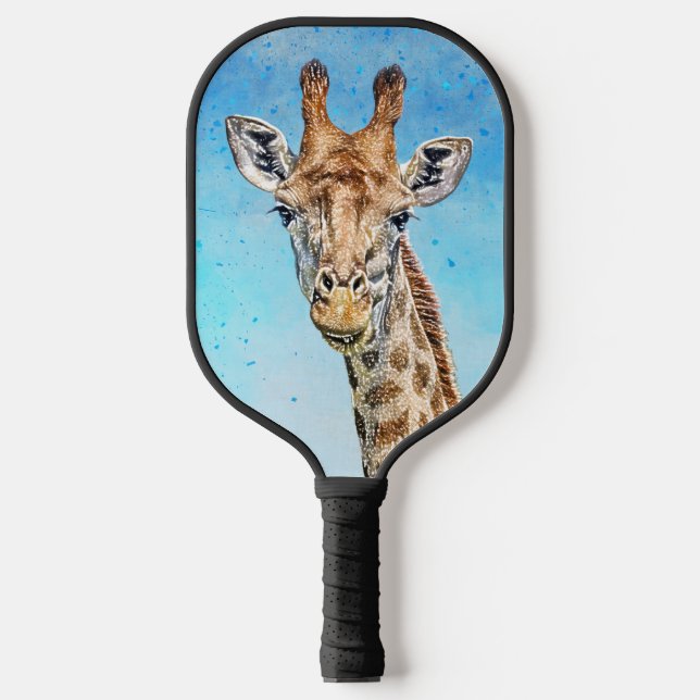 Neugierige Giraffe mit Blue Confetti Sky Pickleball Schläger (Vorderseite)