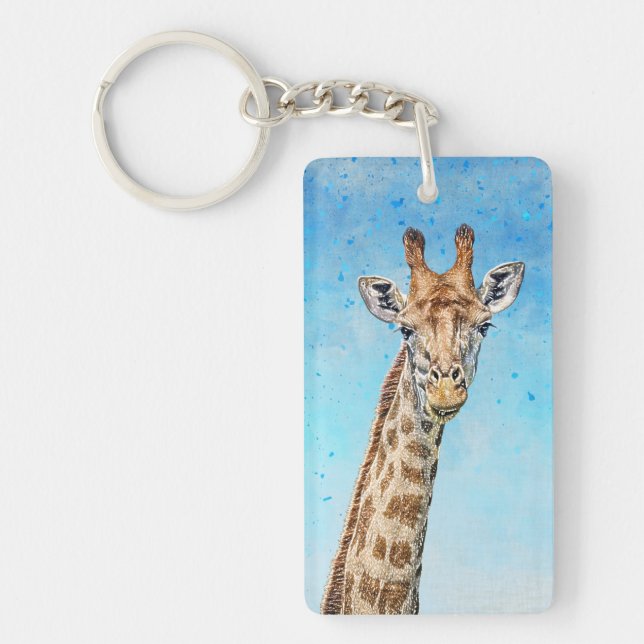 Neugierige Giraffe mit Blue Confetti Sky Schlüsselanhänger (Vorderseite)