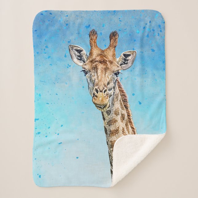 Neugierige Giraffe mit Blue Confetti Sky Sherpadecke (Vorderseite)