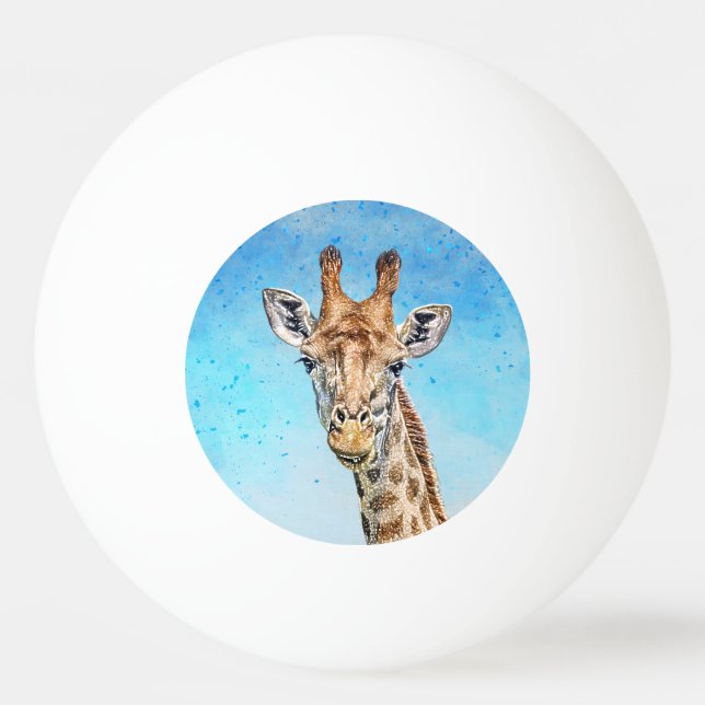 Neugierige Giraffe mit Blue Confetti Sky Tischtennisball (Vorderseite)