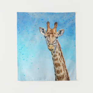 Neugierige Giraffe mit Blue Confetti Sky Wandteppich
