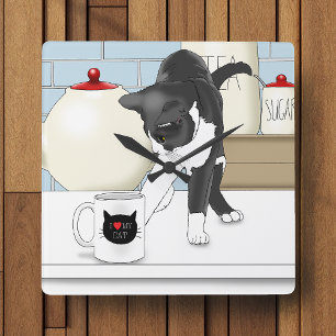 Neugierige Graue Weiße Katze Lustige Teetasse Küch Quadratische Wanduhr