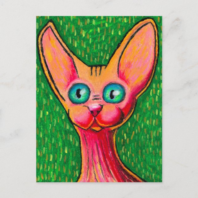 Neugierige Happy Fairless Cat in Oil Pastel on Gre Postkarte (Vorderseite)