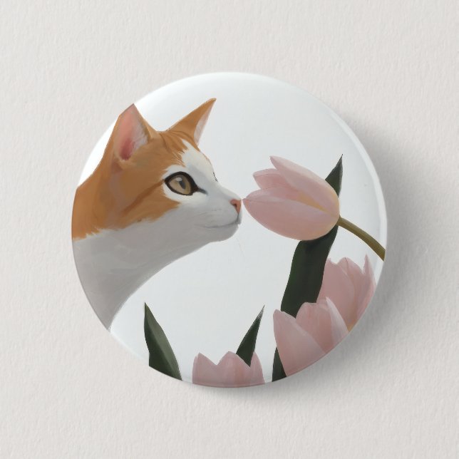 Neugierige Katze Frühlingsblumen Button (Vorderseite)