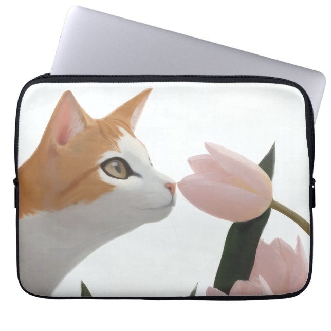 Neugierige Katze Frühlingsblumen Laptopschutzhülle (Vorderseite)