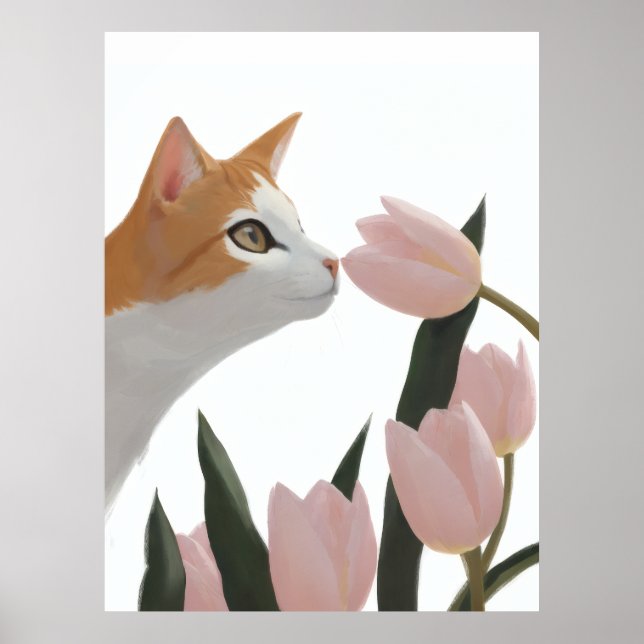 Neugierige Katze Frühlingsblumen Poster (Vorne)