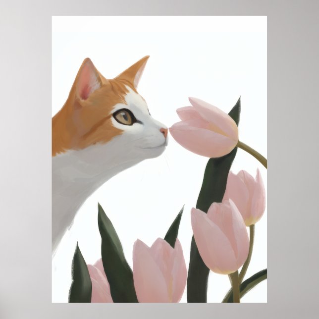 Neugierige Katze Frühlingsblumen Poster (Vorne)