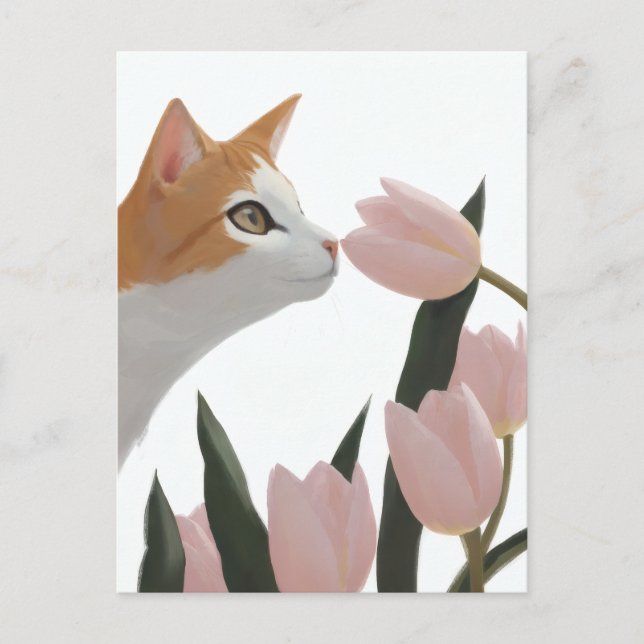 Neugierige Katze Frühlingsblumen Postkarte (Vorderseite)