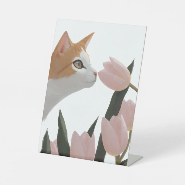 Neugierige Katze Frühlingsblumen Sockelschild (Vorderseite)