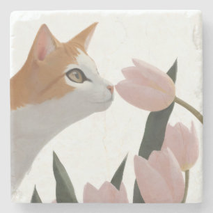 Neugierige Katze Frühlingsblumen Steinuntersetzer