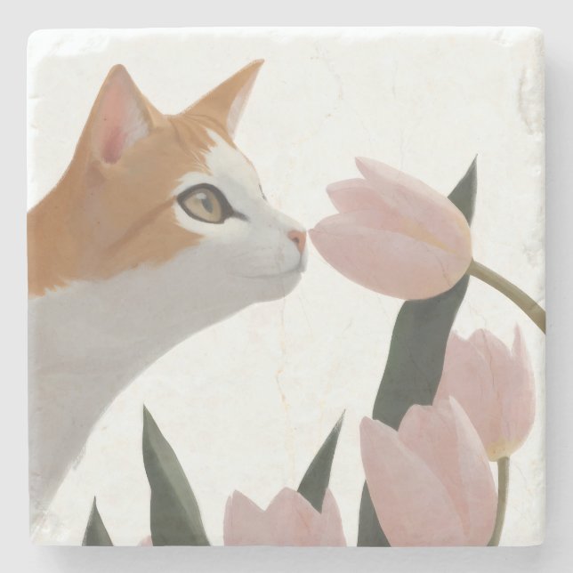 Neugierige Katze Frühlingsblumen Steinuntersetzer (Vorderseite)