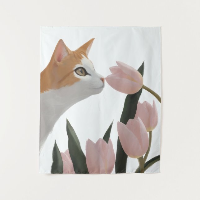 Neugierige Katze Frühlingsblumen Wandteppich (Vorderseite)