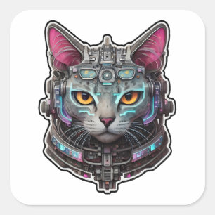 Neugierige Katze in einem Cyber-Helm Quadratischer Aufkleber