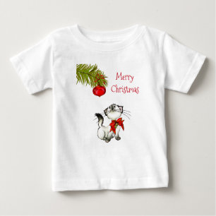 Neugierige Katze in einem roten Weihnachtsjunge Baby T-shirt