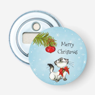 Neugierige Katze in einem roten Weihnachtsjunge Flaschenöffner