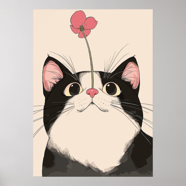 Neugierige Katze mit Blume Poster (Vorne)