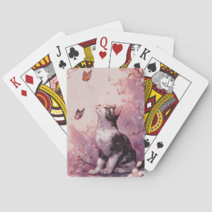 Neugierige Katze mit goldenen Augen und rosa Blume Spielkarten