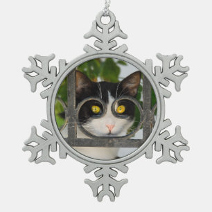Neugierige Katze mit Spektakeln Funny Pet Foto Schneeflocken Zinn-Ornament