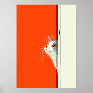 Neugierige Katze schaut durch die Tür Poster