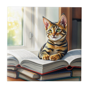 Neugierige Katze und Bücher Fliese
