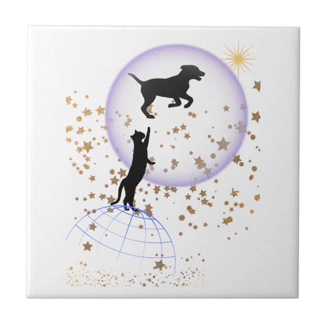 Neugierige Katze und Laufhund Fliese (Vorderseite)