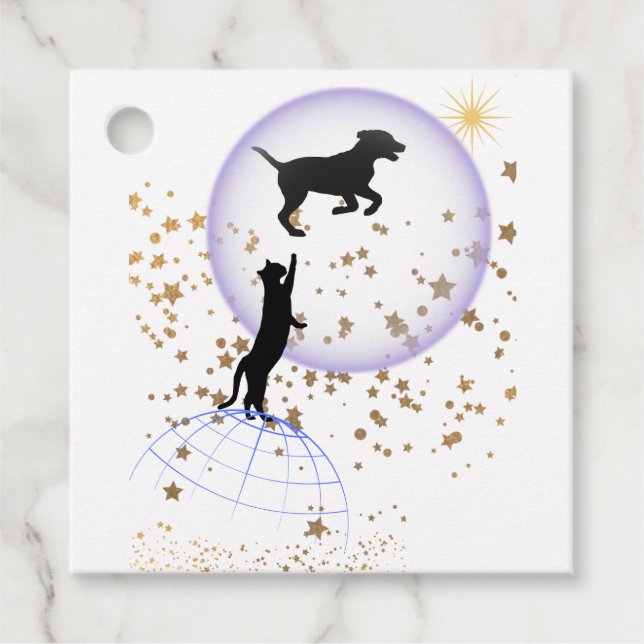 Neugierige Katze und Laufhund Geschenkanhänger (Vorderseite)