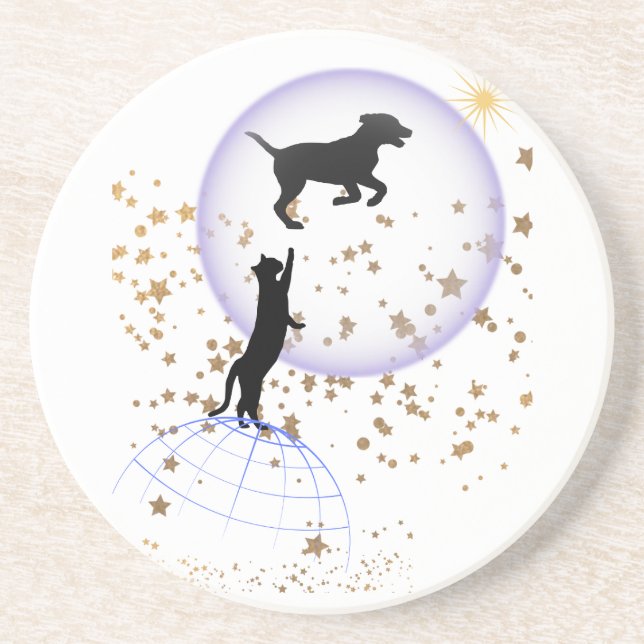 Neugierige Katze und Laufhund Getränkeuntersetzer (Vorne)