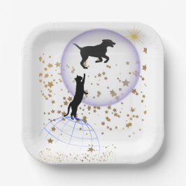 Neugierige Katze und Laufhund Pappteller