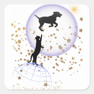 Neugierige Katze und Laufhund Quadratischer Aufkleber