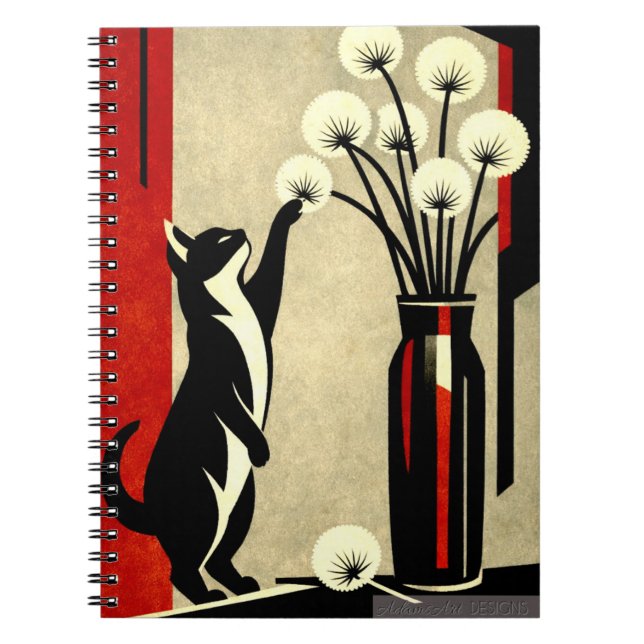 Neugierige Katze und Löwenzahn – Art Deco Stil Notizblock (Vorderseite)