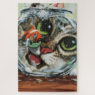 Neugierige Katze und vorsichtiger Goldfisch Puzzle