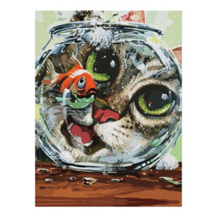 Neugierige Katze und vorsichtiger Goldfish Fotodruck