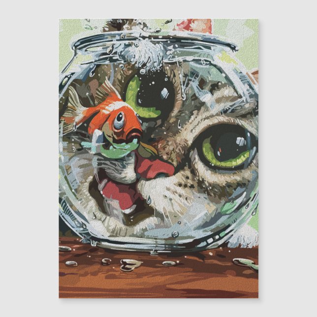 Neugierige Katze und vorsichtiger Goldfish Magnetkarte (Vorderseite)