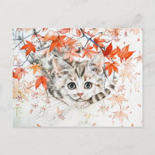 Neugierige Kitten im Herbst Blätter in chinesische Postkarte