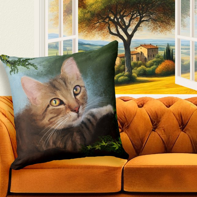 Neugierige Kitty Fine Art Pillow Kissen (Pillow featuring a painting of a cute kitty that climbed a tree to get a closer look of the heavens)