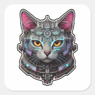 Neugierige Kitty in einem Cyber-Helm Quadratischer Aufkleber