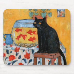 Neugierige schwarze Katze beobachtet Aquarium Mousepad