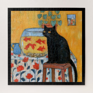 Neugierige schwarze Katze beobachtet Fischglas Puzzle
