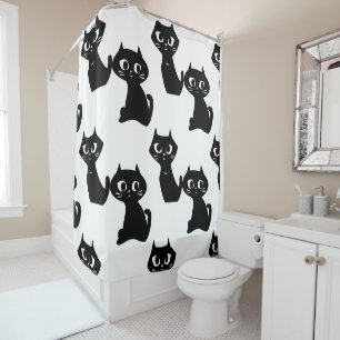 Neugierige schwarze Katze Duschvorhang