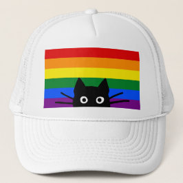Neugierige schwarze Katze mit Regenbogenflagge Truckerkappe