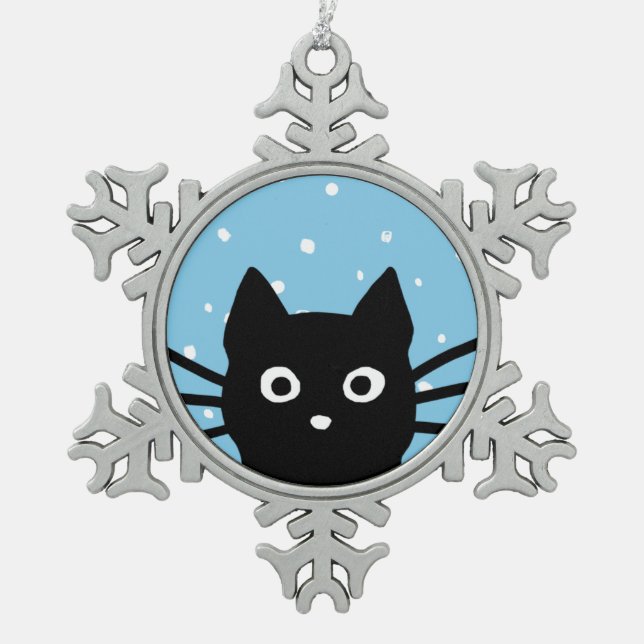 Neugierige Schwarze Katze | Niedlich Peeking Kitty Schneeflocken Zinn-Ornament (Vorderseite)