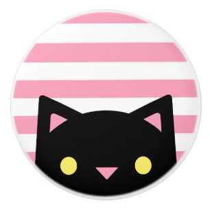 Neugierige schwarze Katze Stripes rosa u. Wei Keramikknauf